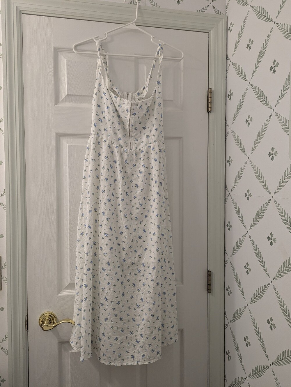 White Midi Dress with Blue Floral Print - Sleeveless Summer Slip Dress